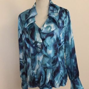 Jones NY Ruffle front L blouse watercolor blue